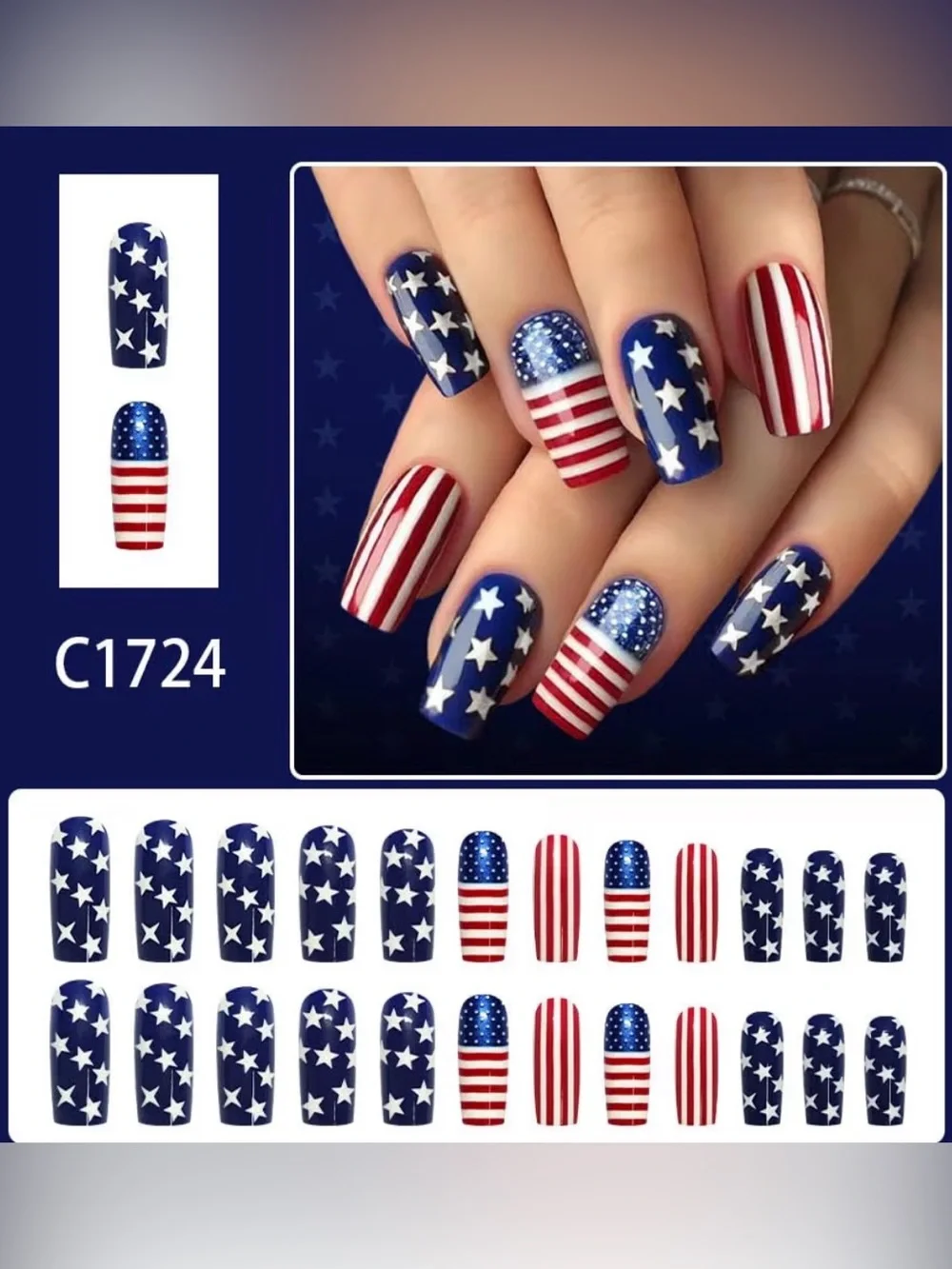 American Flag Inspired Press-On Nails - Red White Blue Stars & Stripes